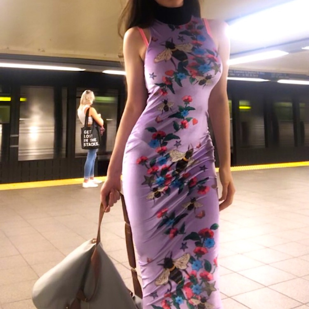 Purple velvet midi dress
